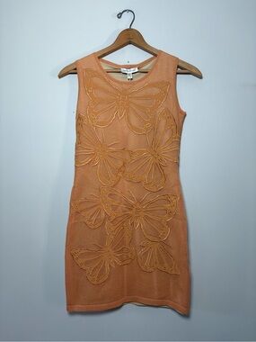 Waggon Paris NWT Small Butterfly Embroidered Knit Sheath Dress Biscuit Apricot